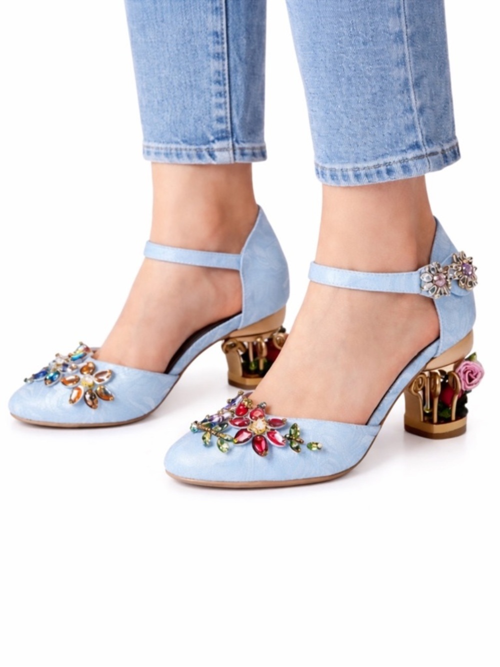 Handmade Blue Brocade Crystal Cage Shoes